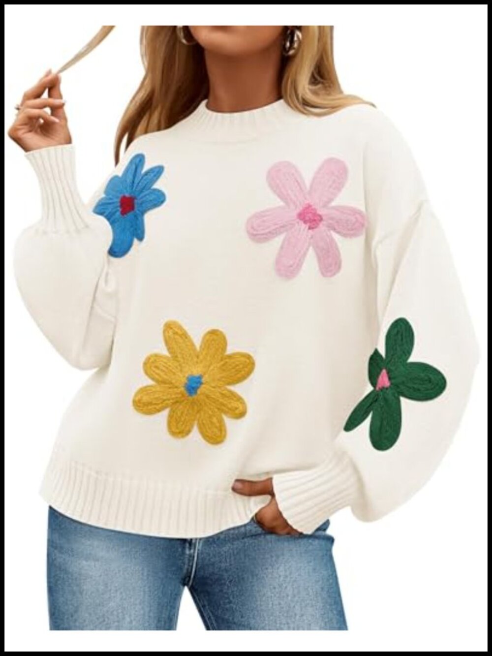 Women's Floral Knit Pullover Sweater Long Sleeve Crew Neck Fall Winter